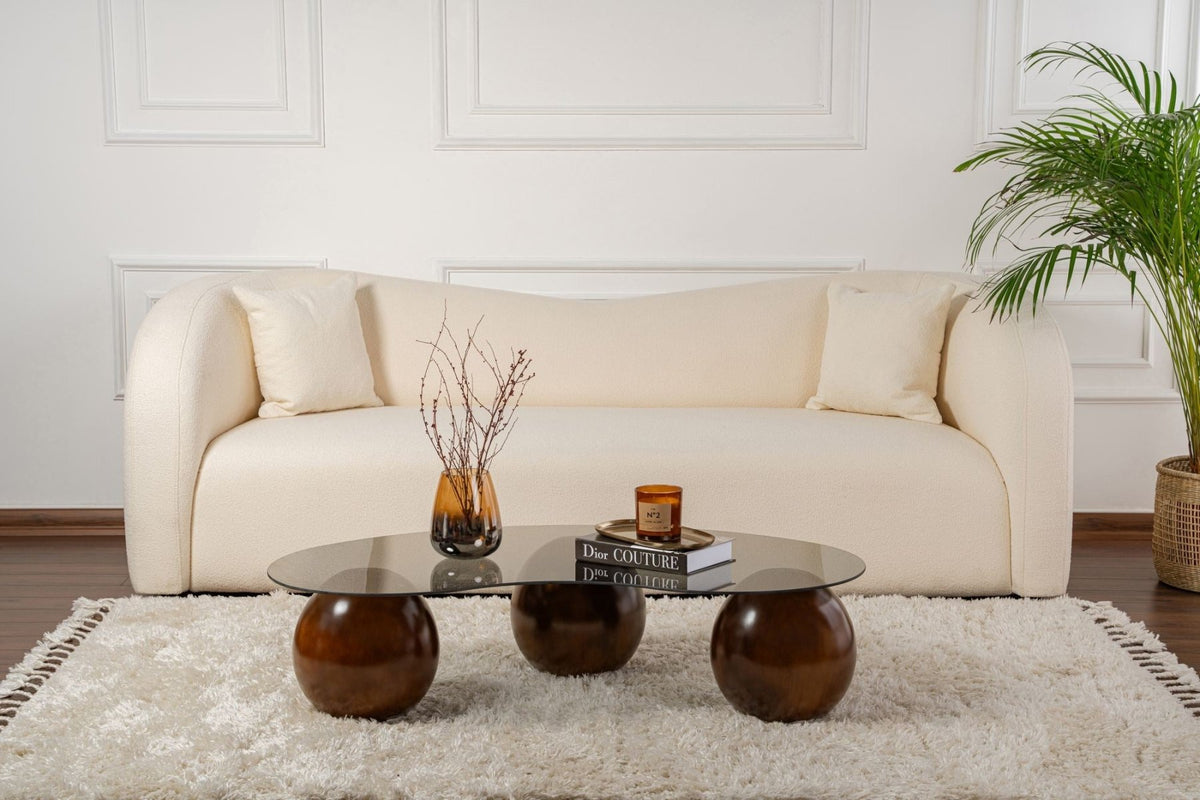 Coffee tables - Organic coffee table gray tinted glass walnut ball legs Sphere 120x70 cm - Dimehouse