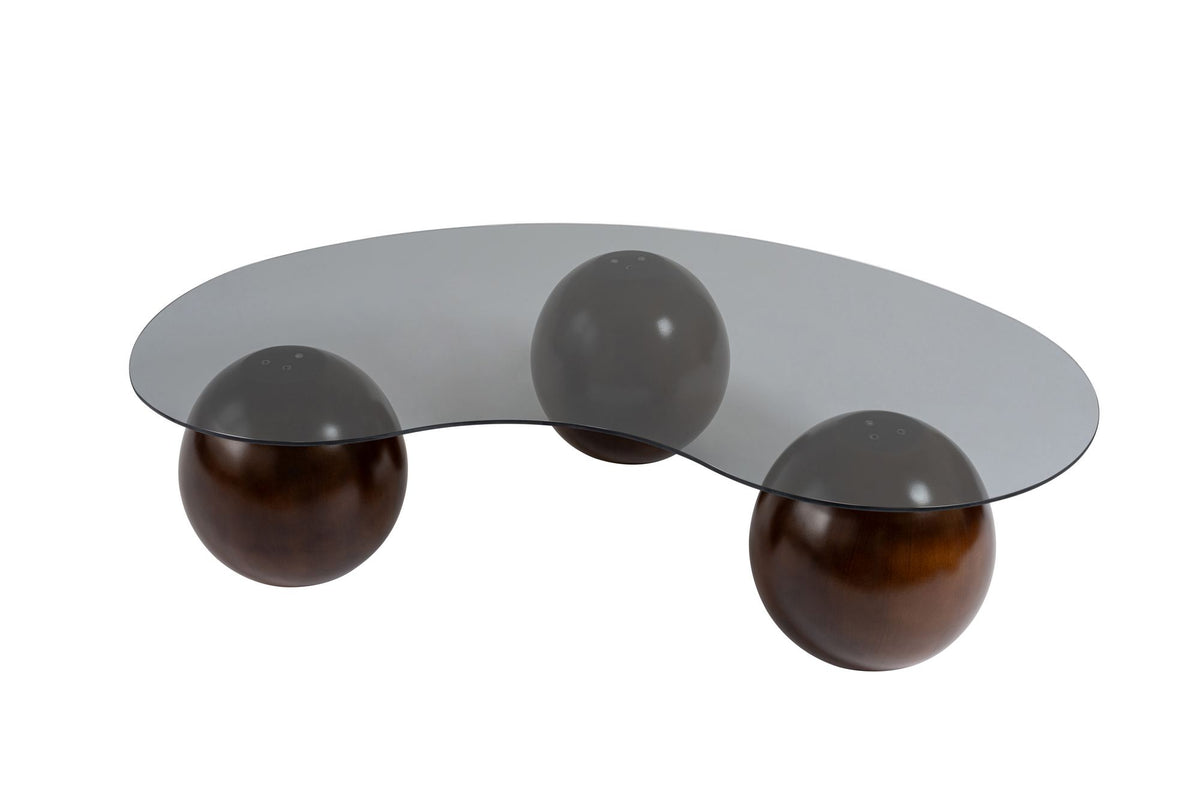 Coffee tables - Organic coffee table gray tinted glass walnut ball legs Sphere 120x70 cm - Dimehouse