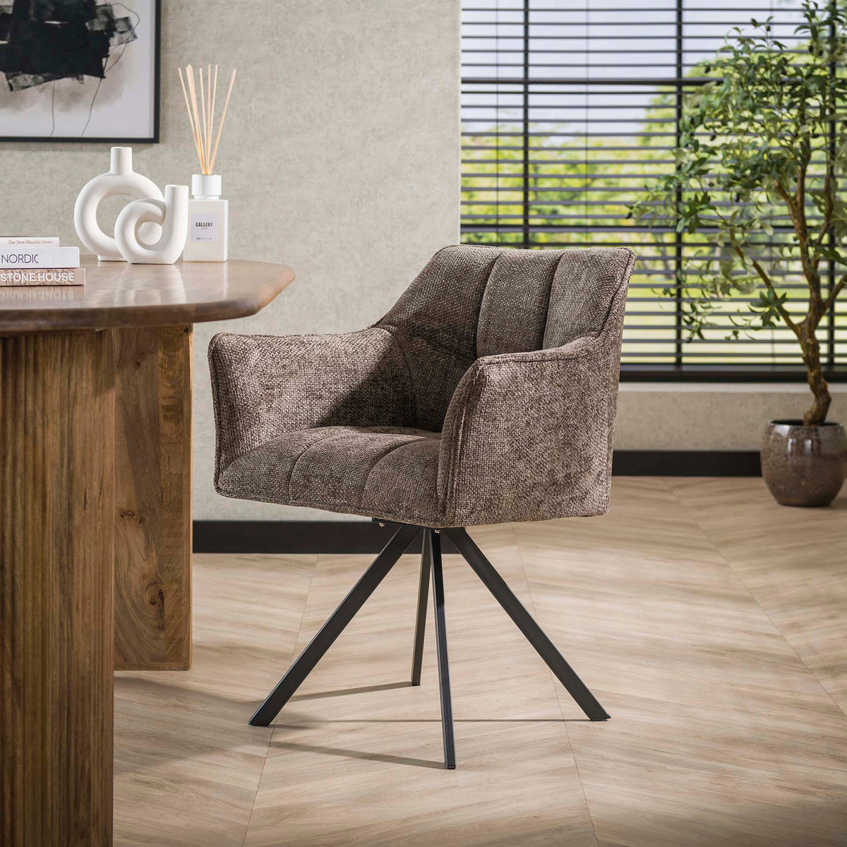 Dining room chairs - Dining room chair Lino Chenille Fabric Rich Taupe Rotatable - Dimehouse
