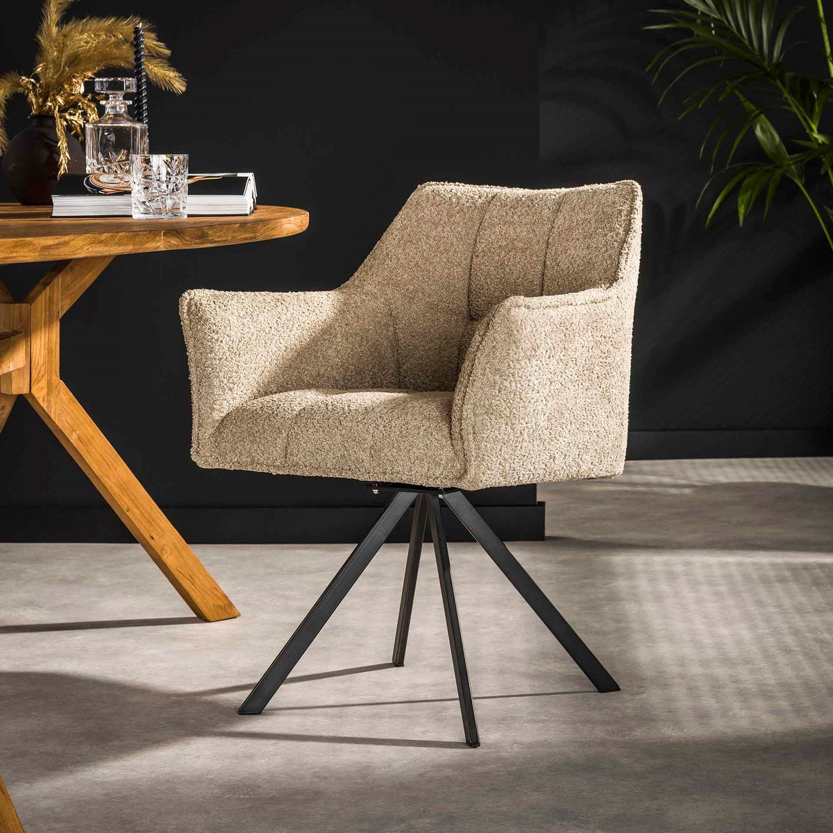 Dining room chairs - Set of 2 Dining room chairs Lino Bouclé Sand rotatable Grid - Dimehouse