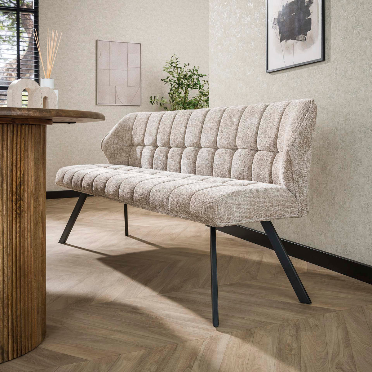 Dining room sofas - Dining room sofa Lino Chenille Fabric Rich Sand 180 cm Checked - Dimehouse
