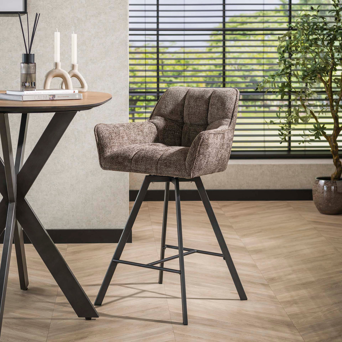 Bar stools - Bar stool Lino Chenille Fabric Rich Taupe Rotatable - Dimehouse