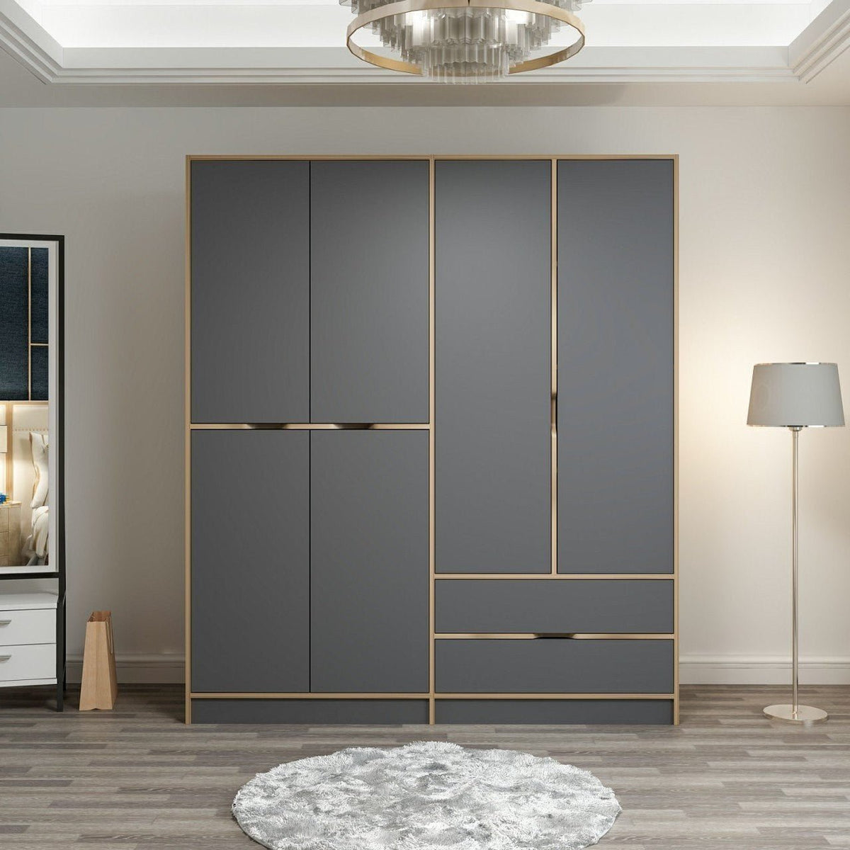 Wardrobes - Wardrobe Elina Anthracite Gold Melamine 185x208x52 cm - Dimehouse