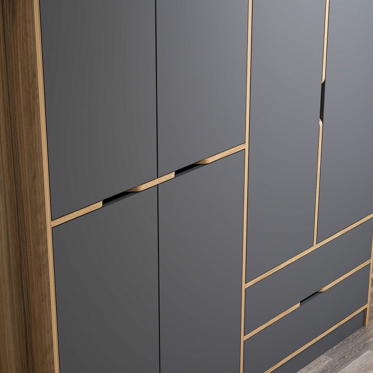 Wardrobes - Wardrobe Elina Anthracite Gold Melamine 185x208x52 cm - Dimehouse