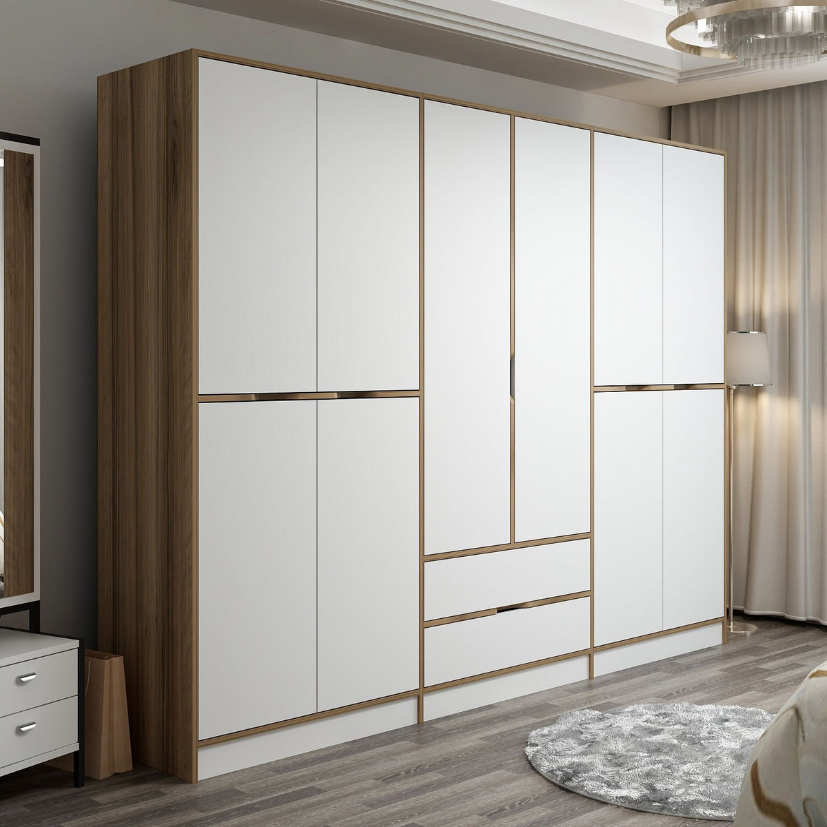 Wardrobes - Wardrobe Elina White Gold Melamine 277x208x52 cm - Dimehouse