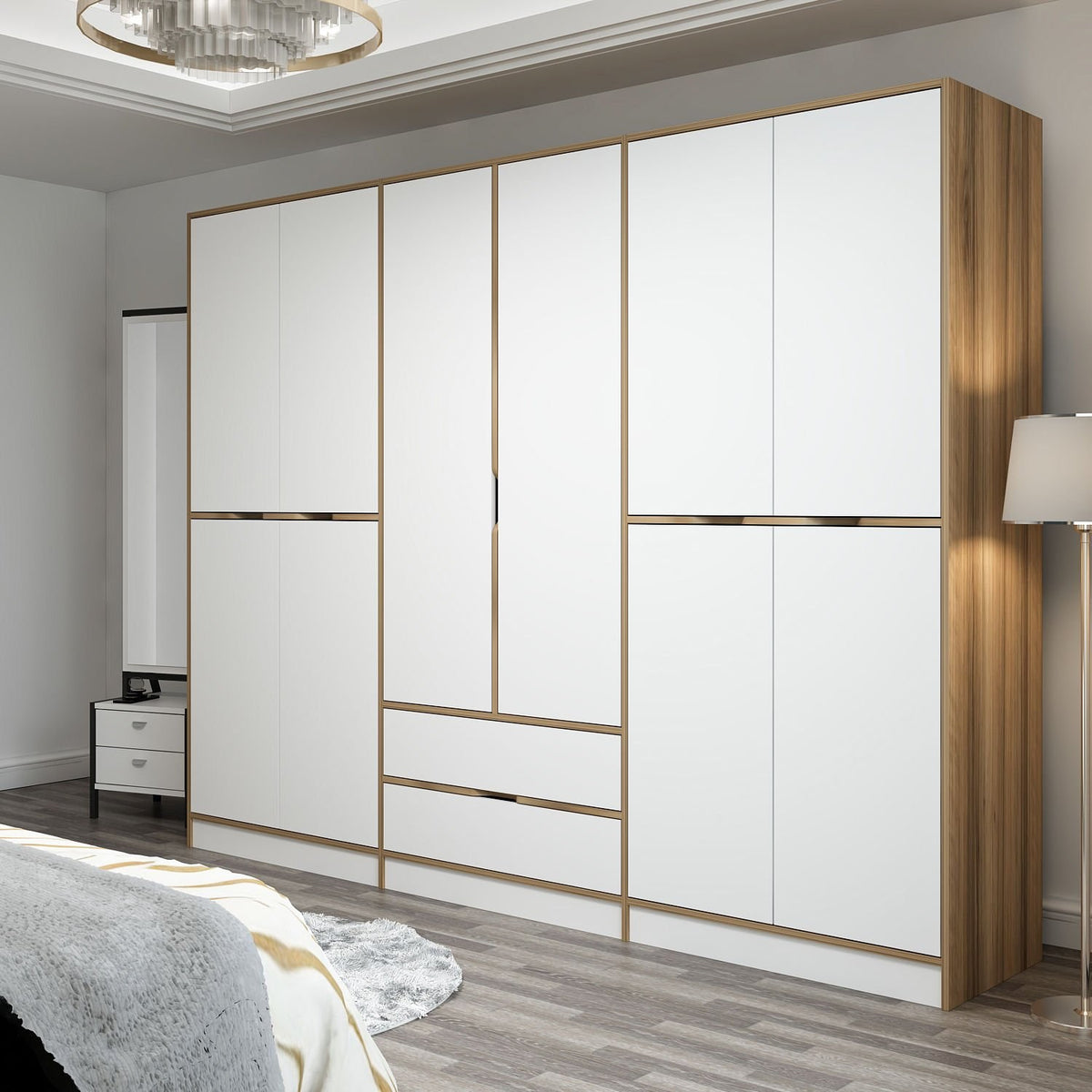 Wardrobes - Wardrobe Elina White Gold Melamine 277x208x52 cm - Dimehouse
