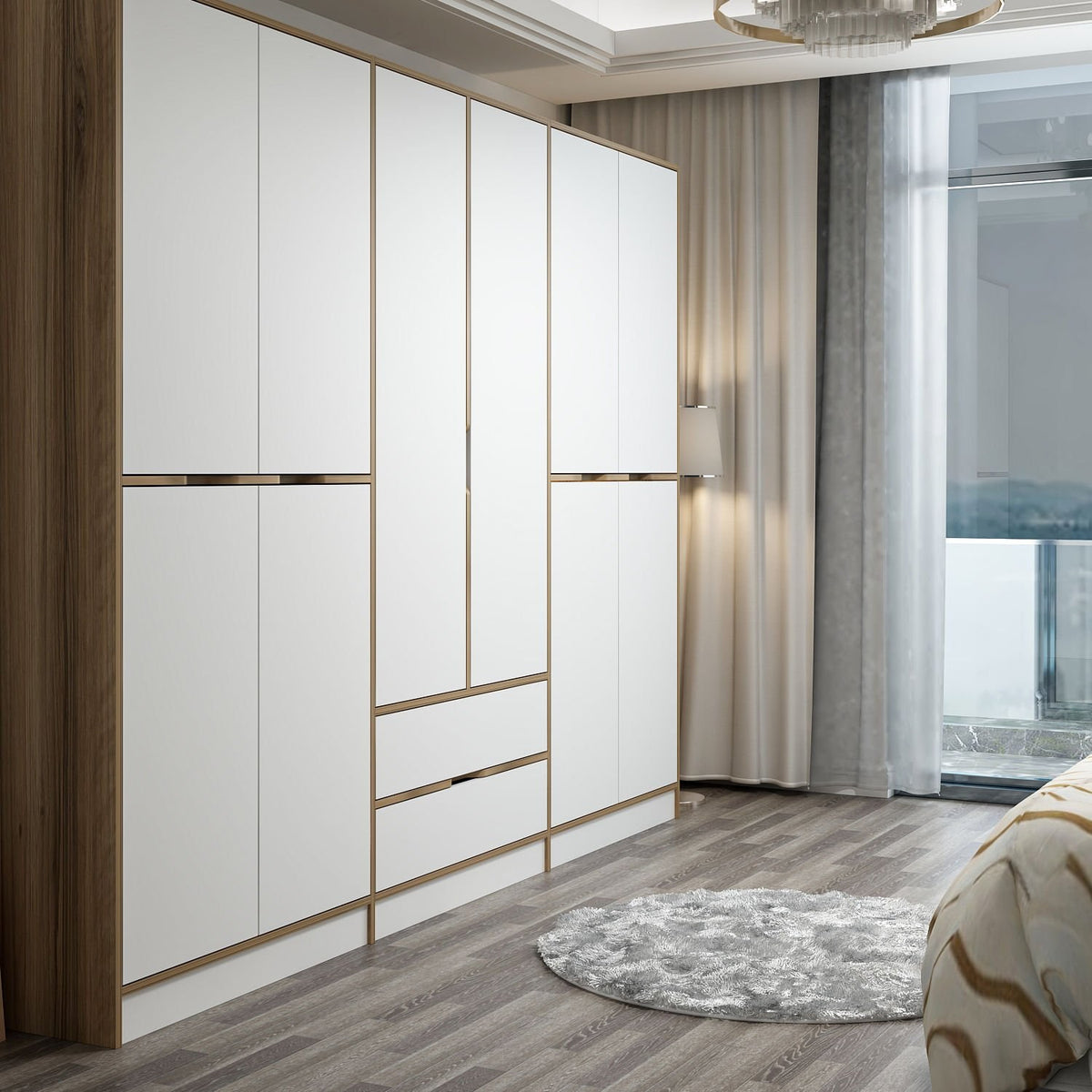 Wardrobes - Wardrobe Elina White Gold Melamine 277x208x52 cm - Dimehouse