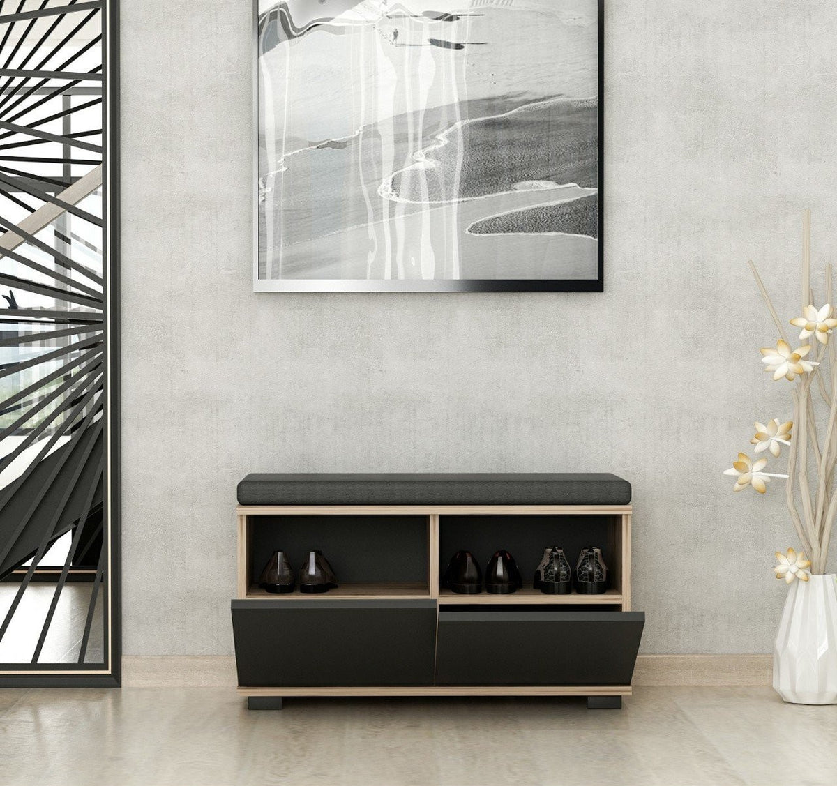 Shoe cabinets - Shoe cabinet Drago Walnut Black Melamine 80x42x35 cm - Dimehouse