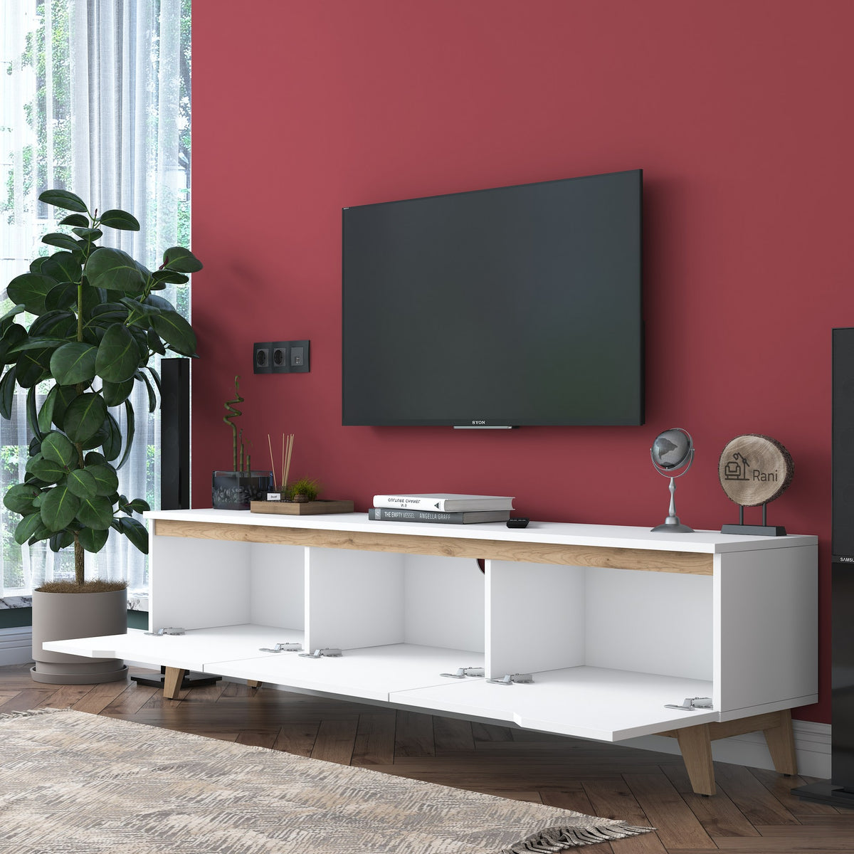 TV Furniture - TV Furniture Osiris White Light Walnut Melamine 180x48.6x35 cm - Dimehouse