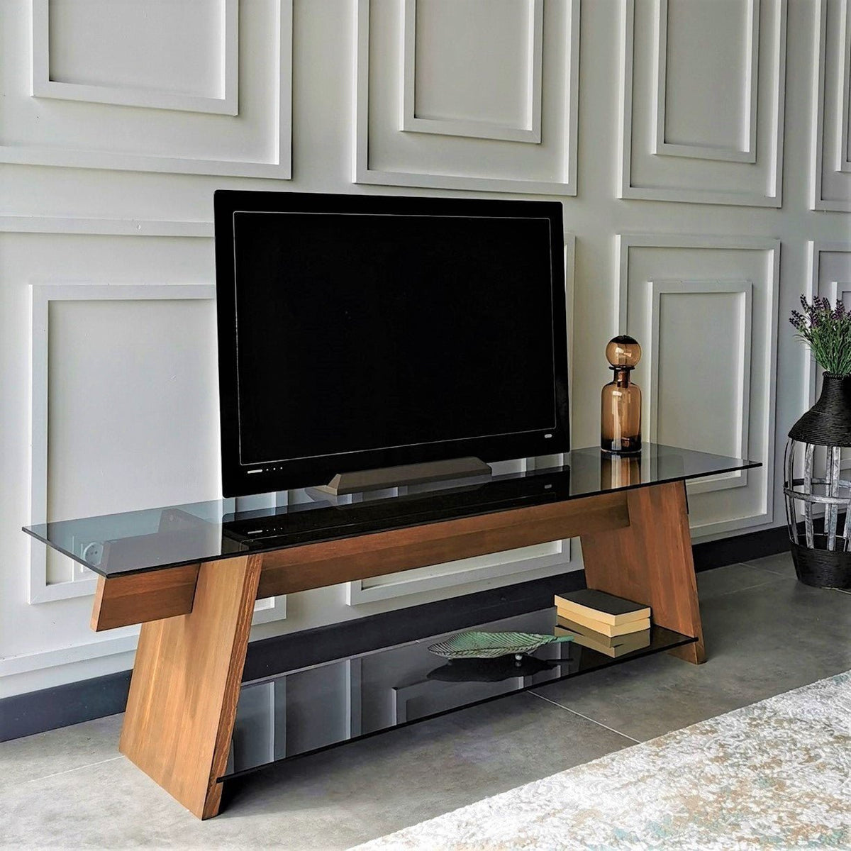 TV Furniture - TV Furniture Coral Walnut Black Glass 158x45x40 cm - Dimehouse