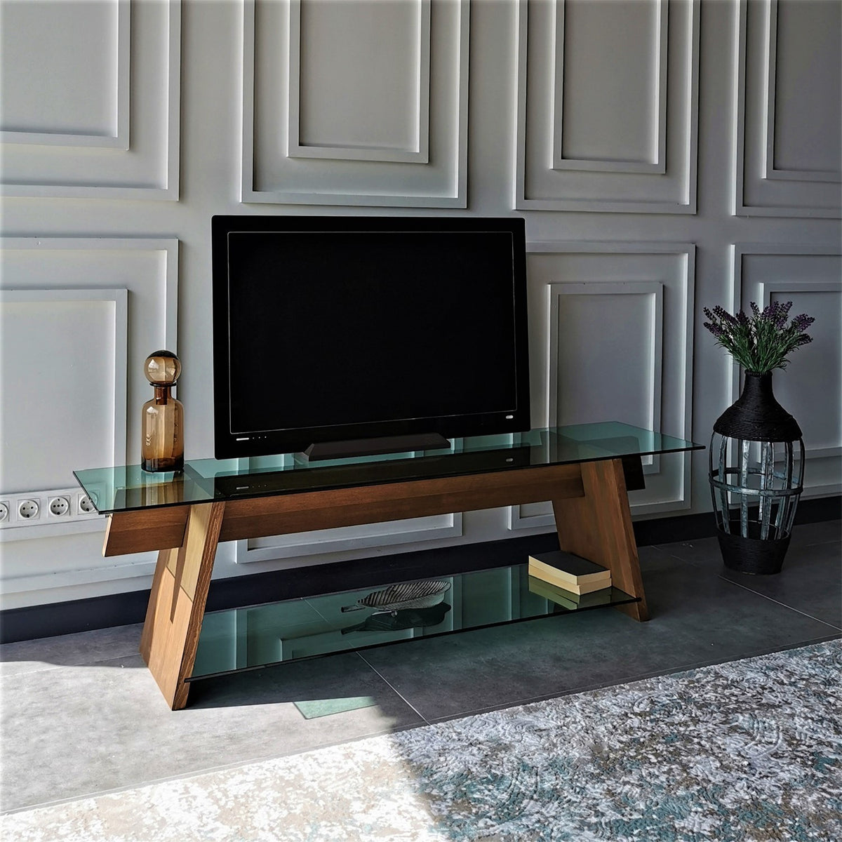 TV Furniture - TV Furniture Coral Walnut Green Glass 158x45x40 cm - Dimehouse