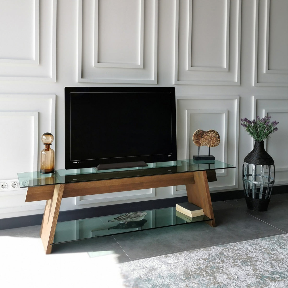 TV Furniture - TV Furniture Coral Walnut Green Glass 158x45x40 cm - Dimehouse