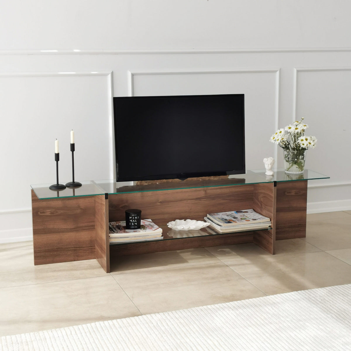 TV Furniture - TV Furniture Escape TV Walnut Glass 158x40x35 cm - Dimehouse