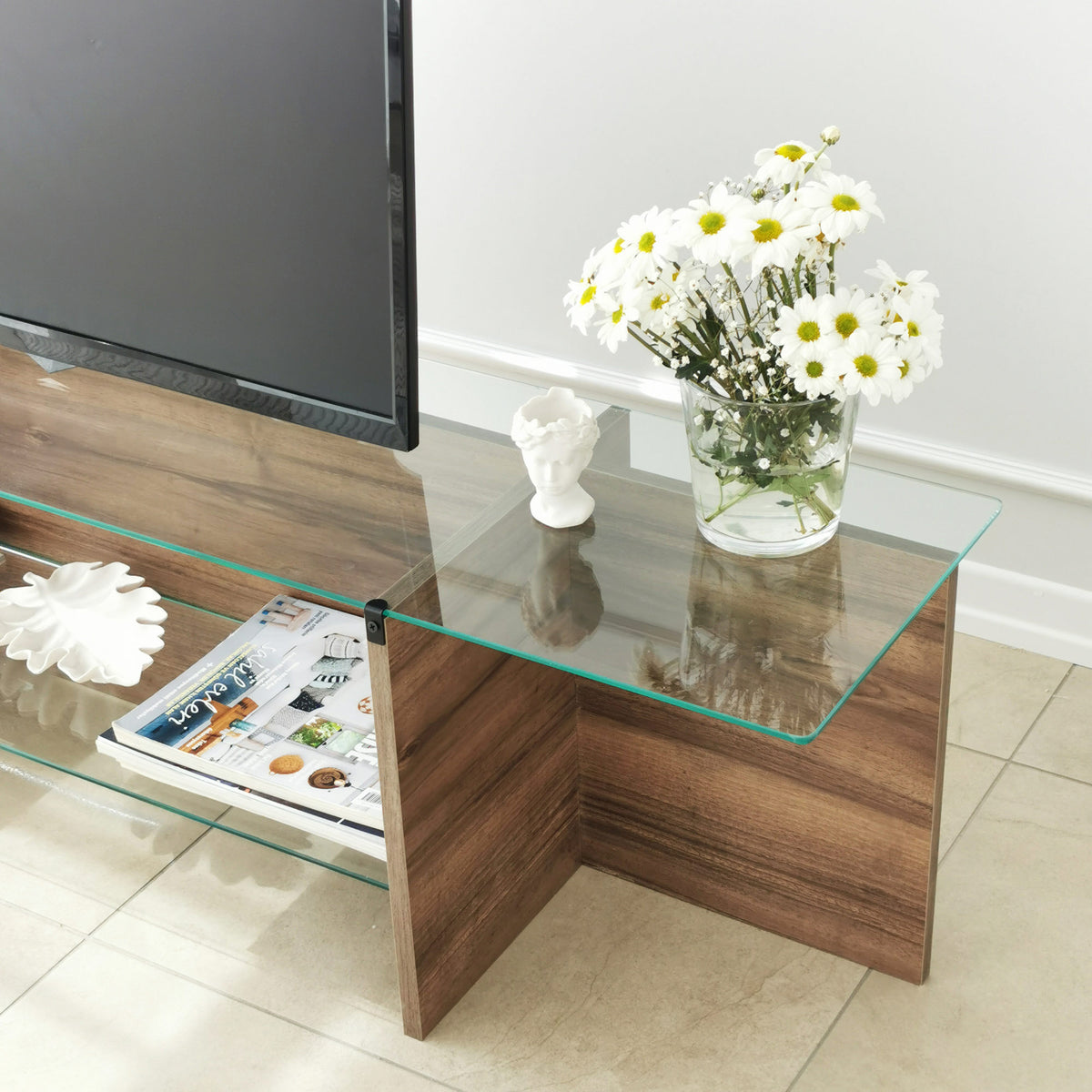 TV Furniture - TV Furniture Escape TV Walnut Glass 158x40x35 cm - Dimehouse