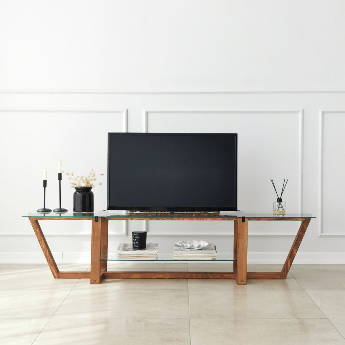 TV Furniture - TV Furniture Amaufi Walnut Glass 158x35x35 cm - Dimehouse