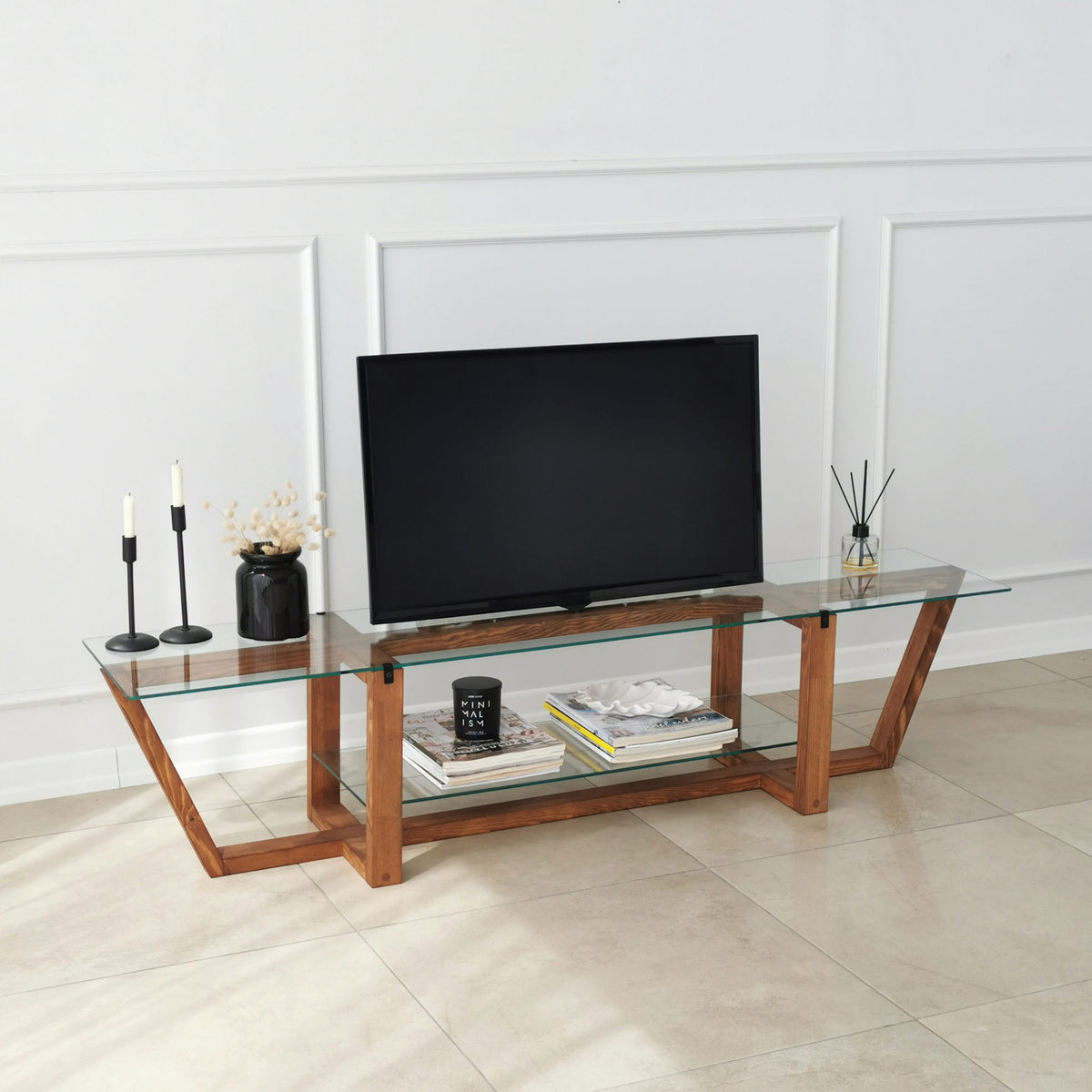 TV Furniture - TV Furniture Amaufi Walnut Glass 158x35x35 cm - Dimehouse
