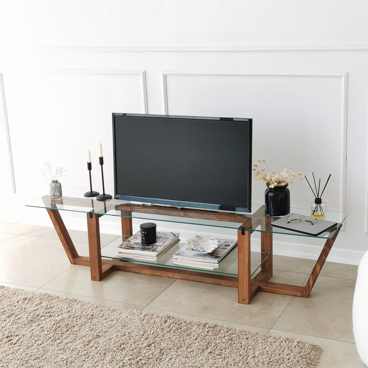 TV Furniture - TV Furniture Amaufi Walnut Glass 158x35x35 cm - Dimehouse