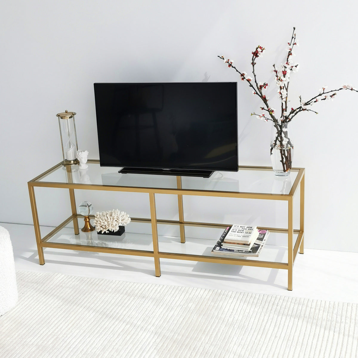 TV Furniture - TV Furniture Basic Gold Gold Glass 130x45x40 cm - Dimehouse