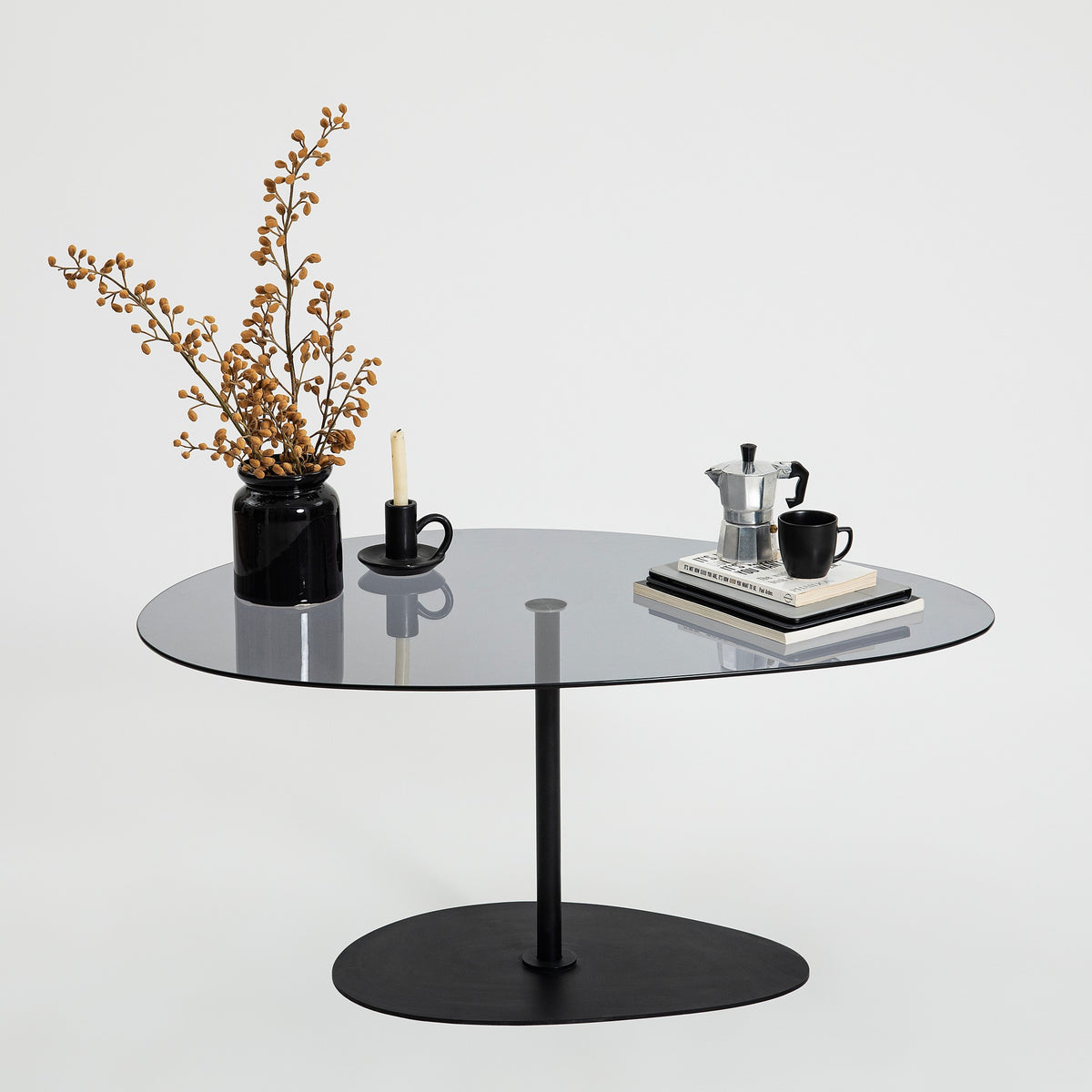 Coffee Tables - Organic Design Coffee Table Tinted Glass Torpo - Black Metal Frame - Dimehouse
