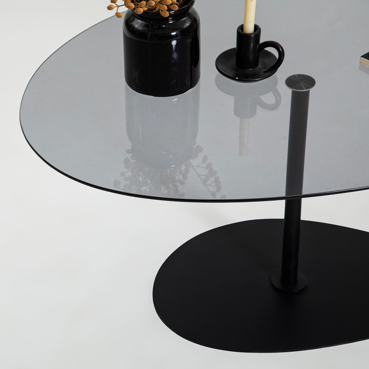 Coffee Tables - Organic Design Coffee Table Tinted Glass Torpo - Black Metal Frame - Dimehouse