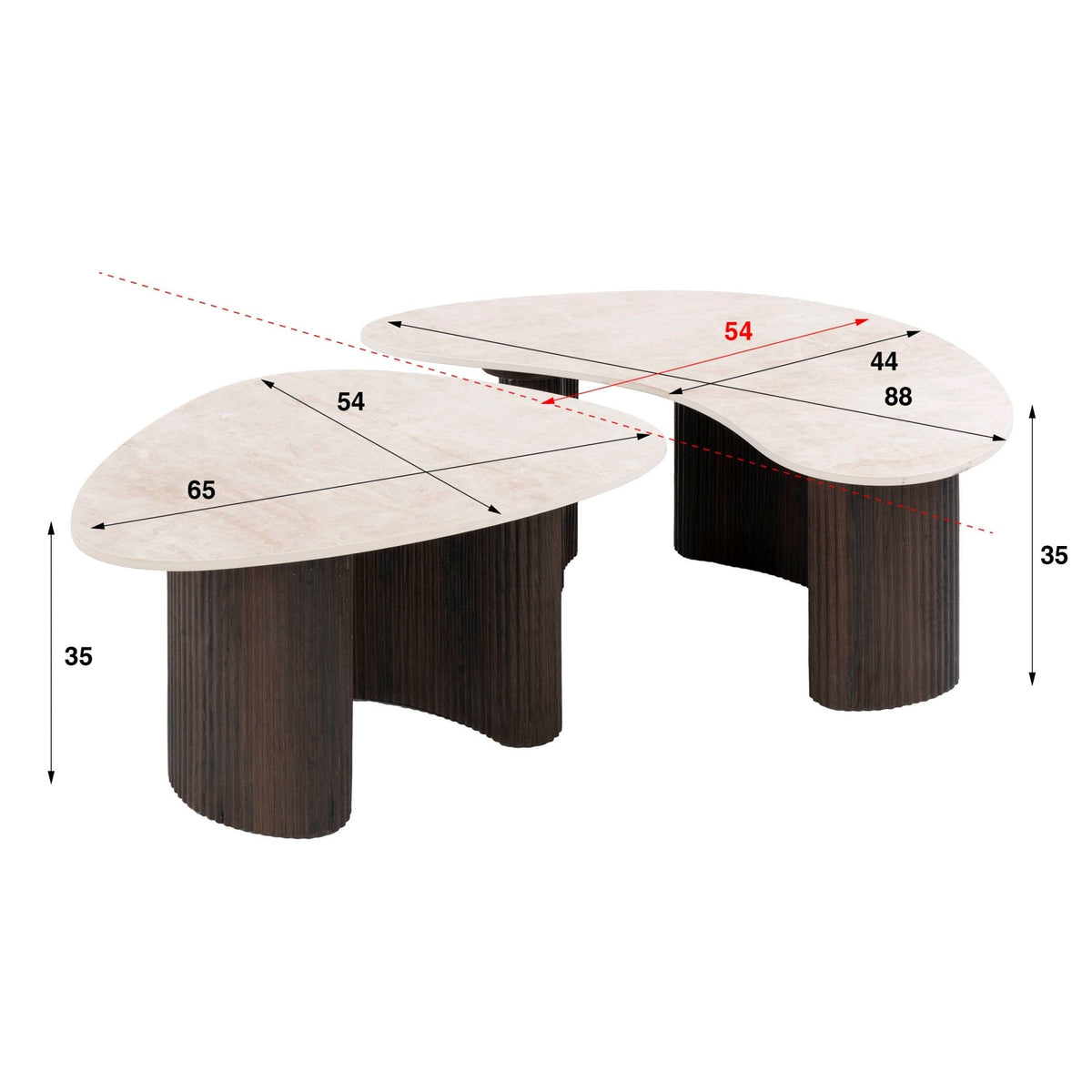 Organic coffee table set of 2 with luxurious 3D Taj Mahal ceramics - white photo with dimensions
