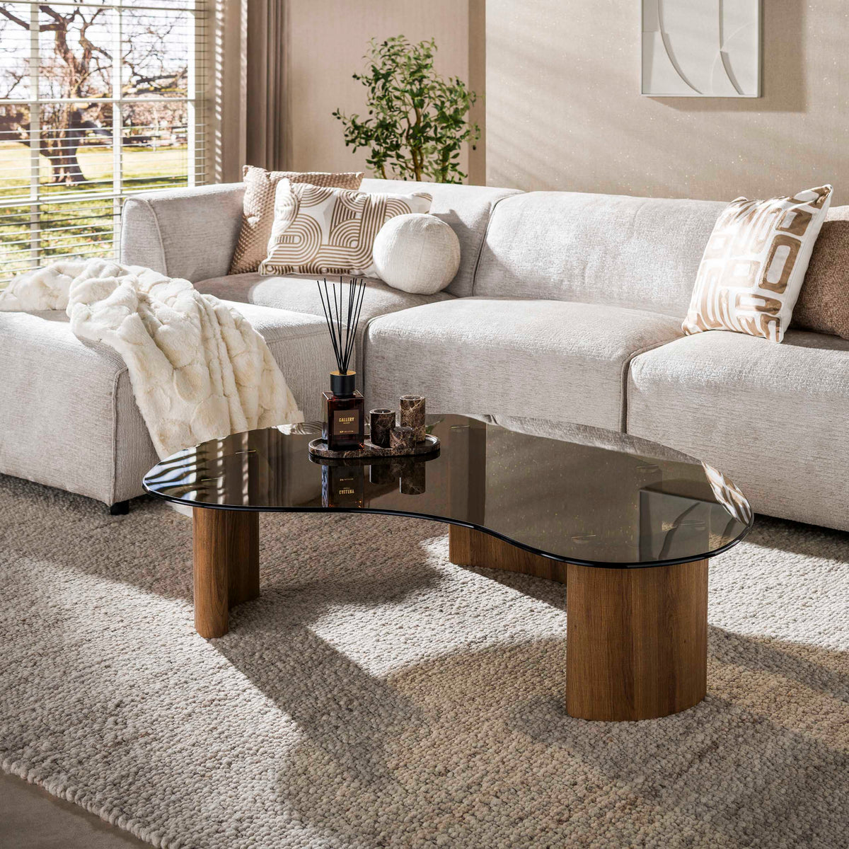 Organic coffee table with smoked glass table top and oak-look legs