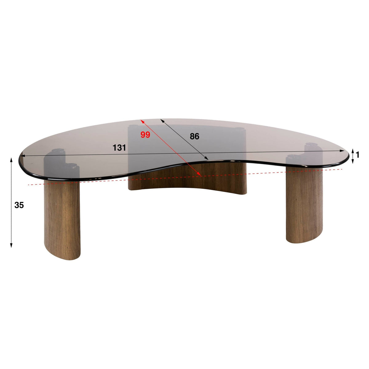 Organic coffee table, smoked glass table top and oak wood-look legs, white photo dimensions