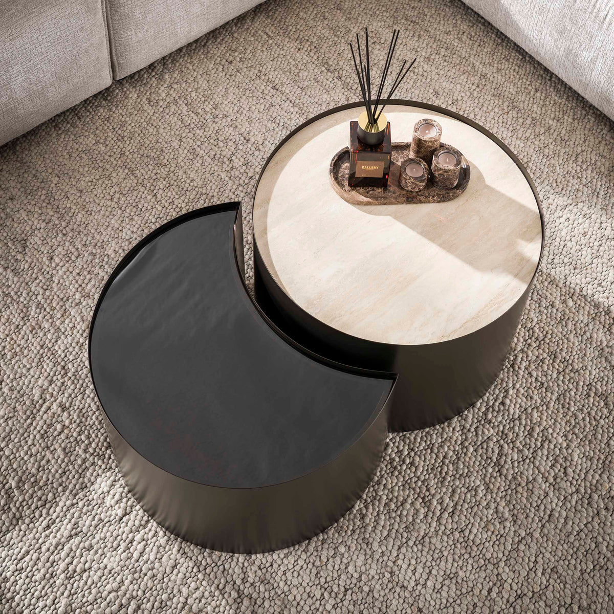 Coffee tables - Set of 2 coffee tables Moony – metal frame & ceramic travertine look and glass - Dimehouse