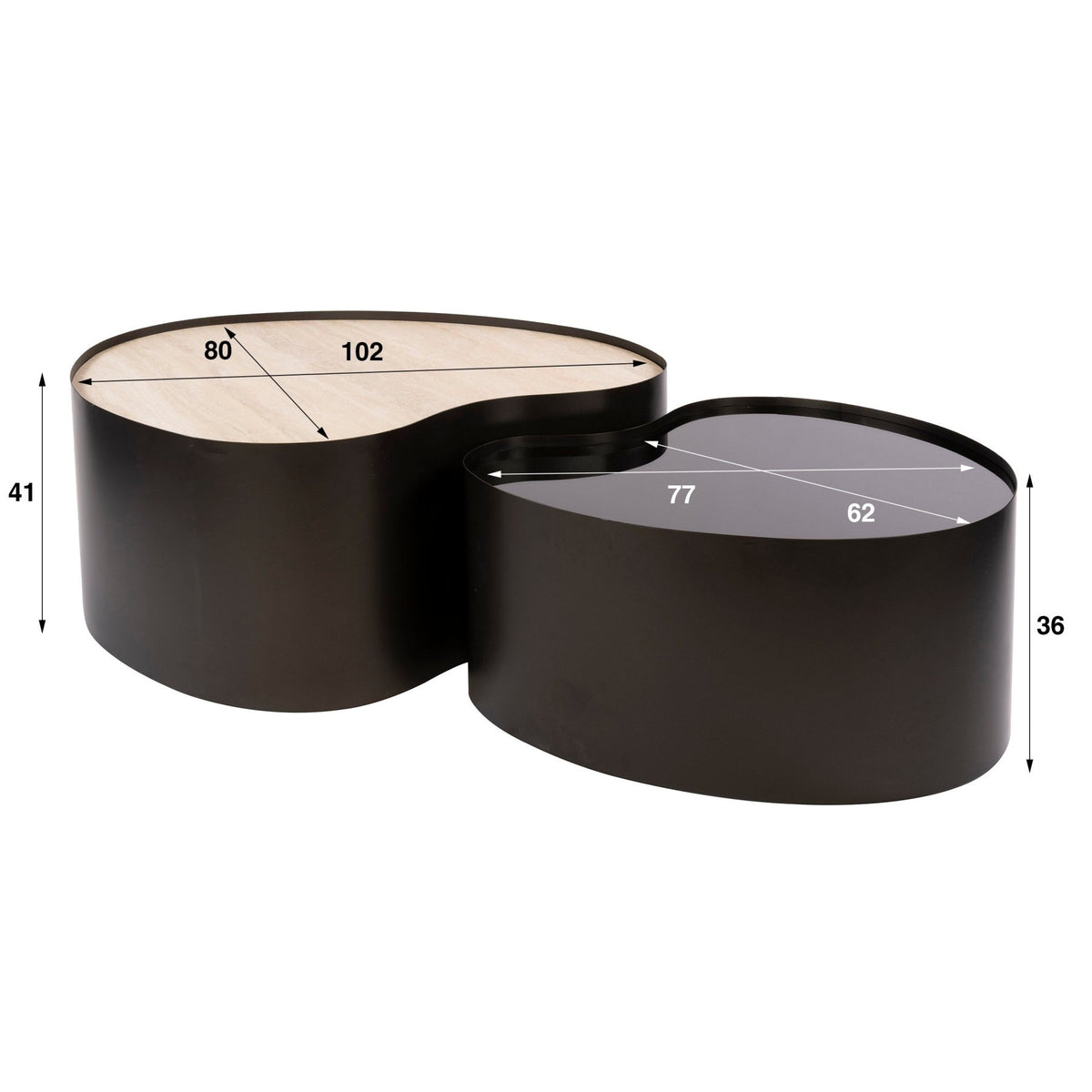 Coffee tables - Set of 2 organic coffee tables Moony - metal frame & ceramic travertine look and glass - Dimehouse