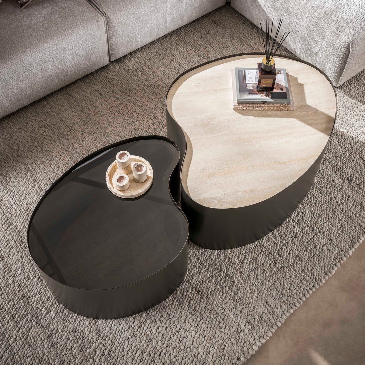 Coffee tables - Set of 2 organic coffee tables Moony - metal frame & ceramic travertine look and glass - Dimehouse