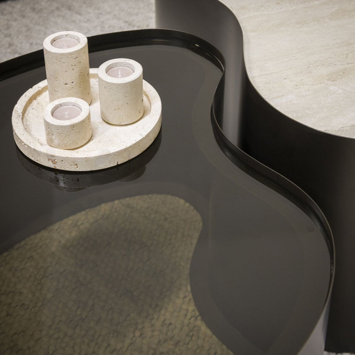 Coffee tables - Set of 2 organic coffee tables Moony - metal frame & ceramic travertine look and glass - Dimehouse
