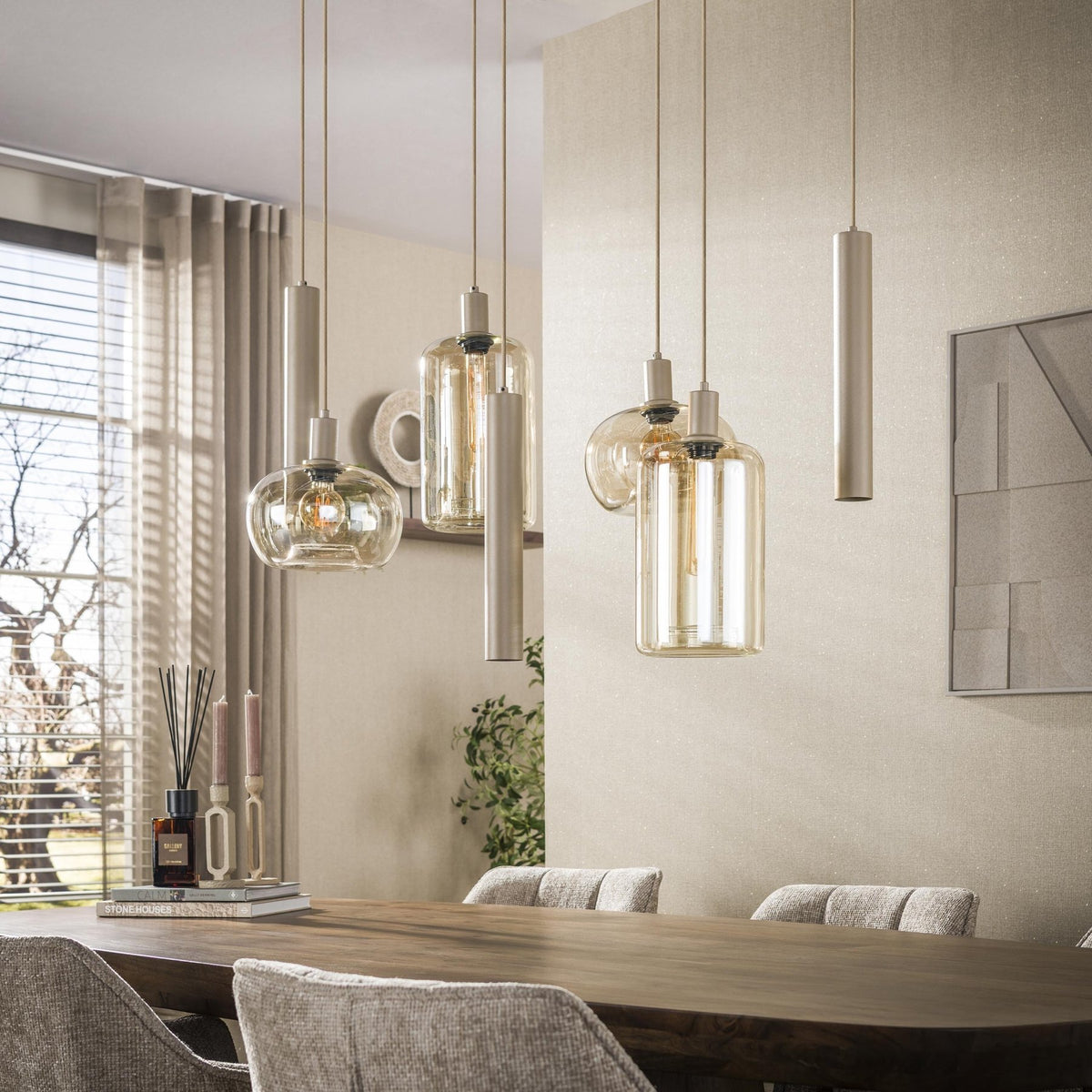 Hanging lamp - Hanging lamp Sera 7 - light beige metal amber glass - Dimehouse