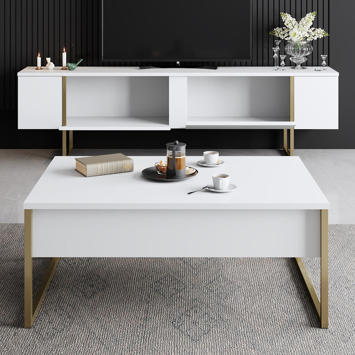 TV Furniture - TV Furniture Luxury White Gold Melamine 180x50x30 cm - Dimehouse