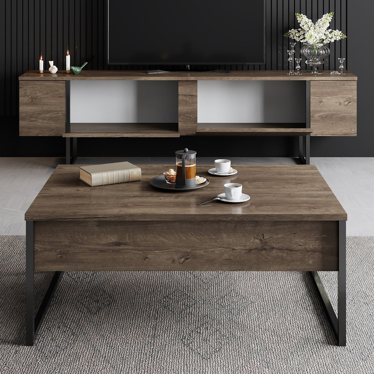 TV Furniture - TV Furniture Luxury Walnut Black Melamine 180x50x30 cm - Dimehouse