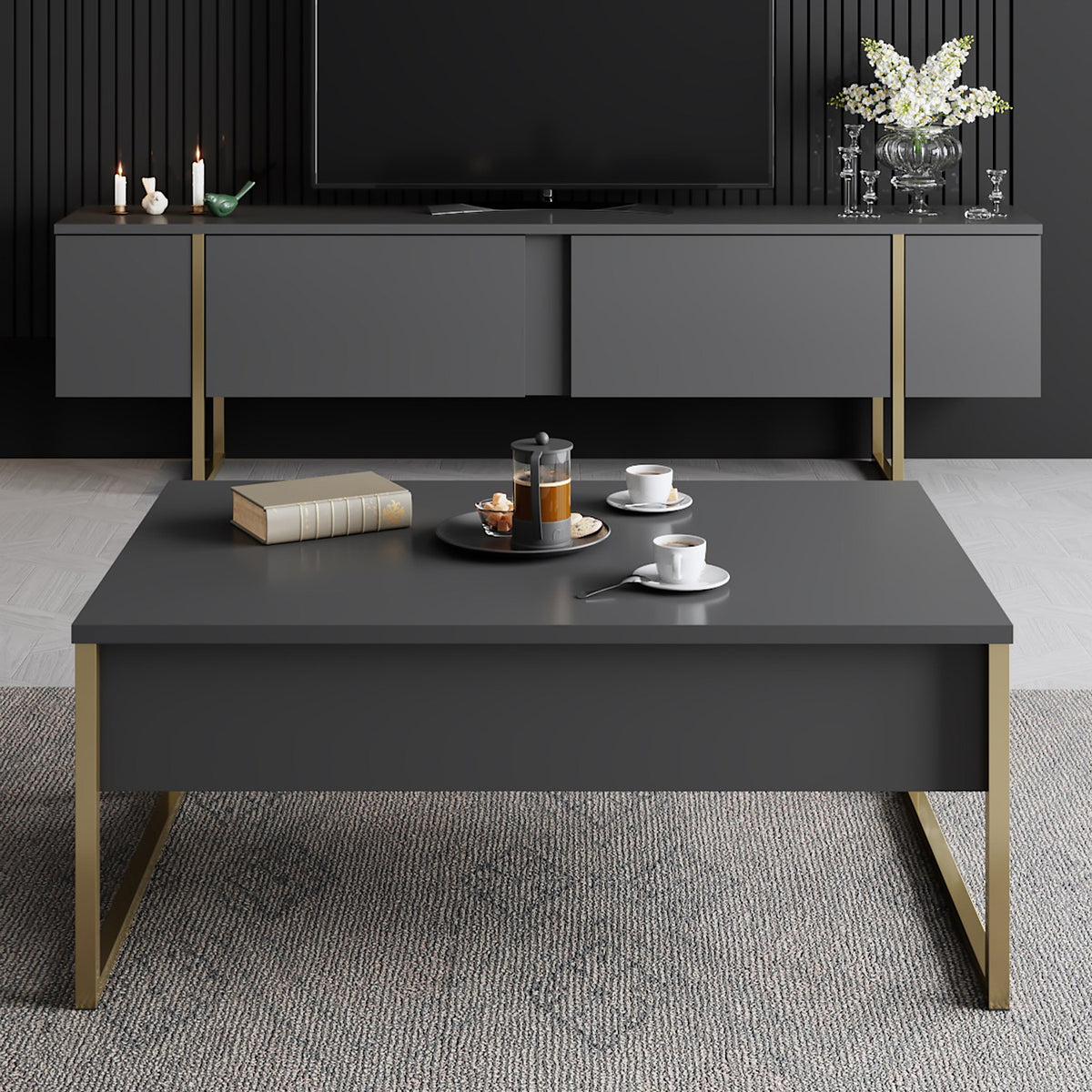 Coffee Tables - Rectangular Coffee Table Anthracite Luxury 90x60 - Golden Frame - Dimehouse