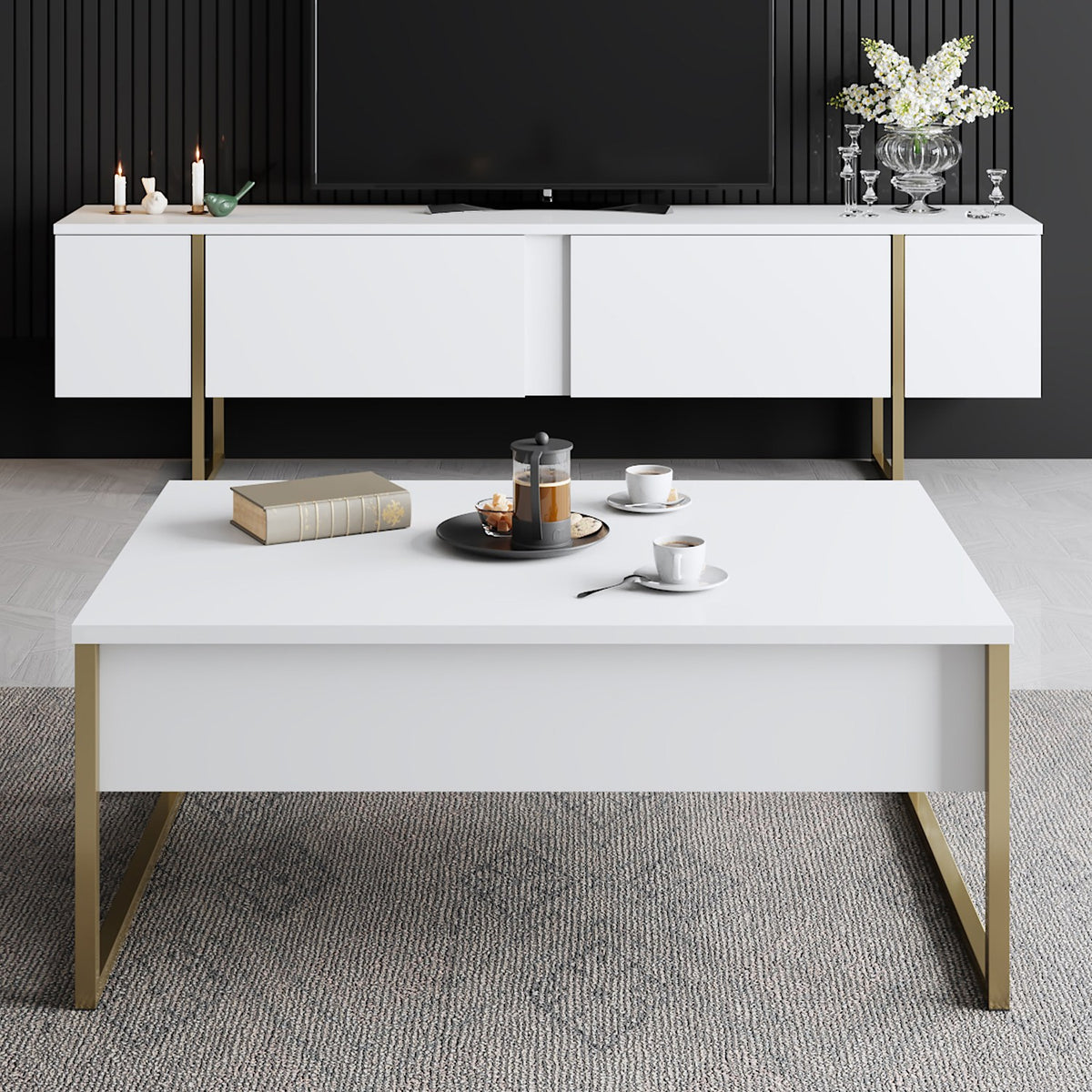 Coffee Tables - Rectangular Coffee Table White Luxury 90x60 - Golden Frame - Dimehouse