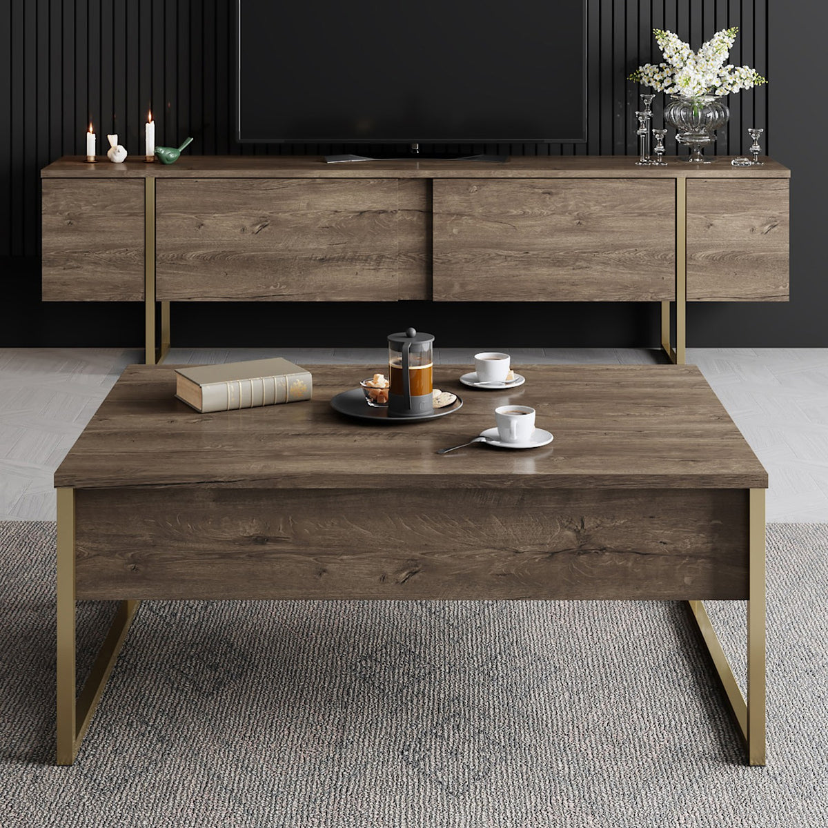Coffee tables - Rectangular Coffee Table Walnut Luxury 90x60 - Golden Frame - Dimehouse