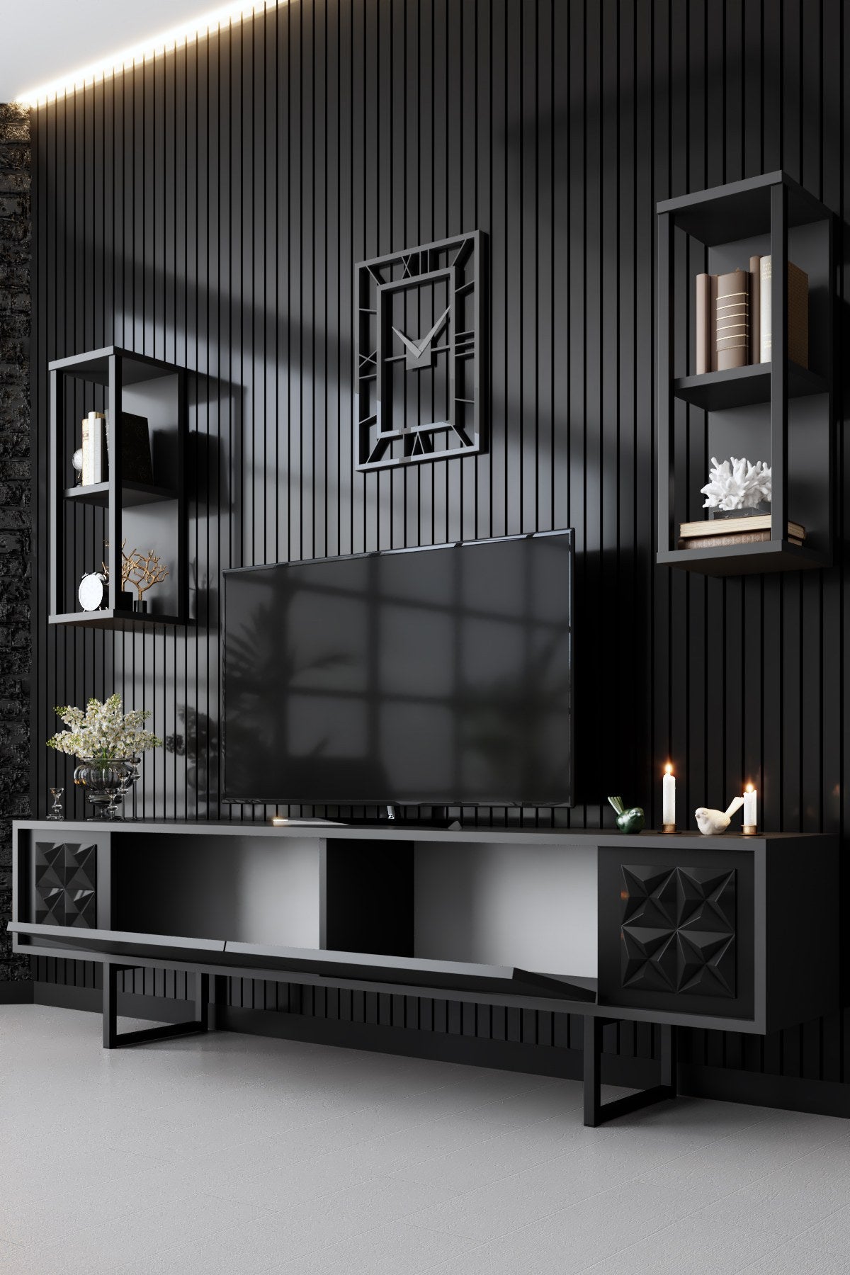 TV Furniture - TV Furniture Set Black Line Anthracite Black Melamine 180x48x30 cm - Dimehouse