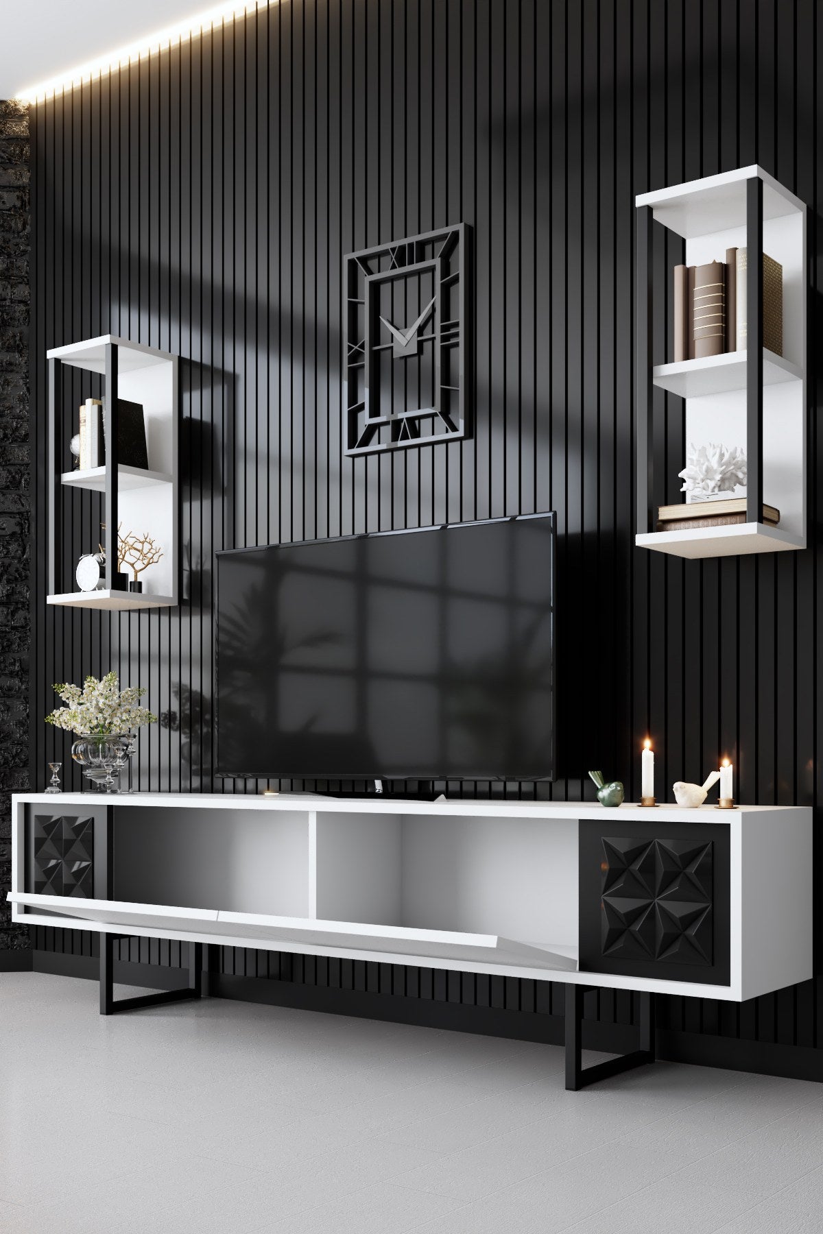 TV Furniture - TV Furniture Set Black Line White Black Melamine 180x48x30 cm - Dimehouse