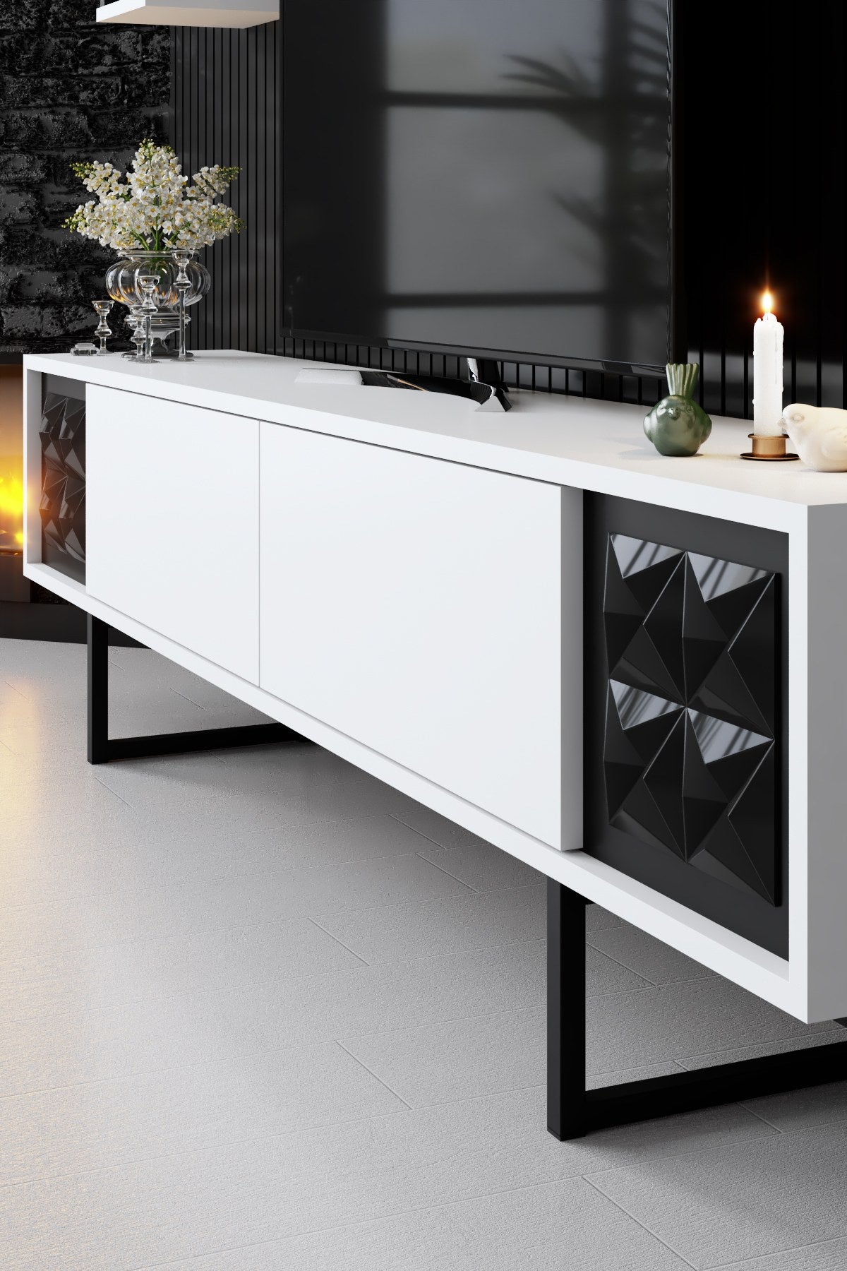 TV Furniture - TV Furniture Set Black Line White Black Melamine 180x48x30 cm - Dimehouse