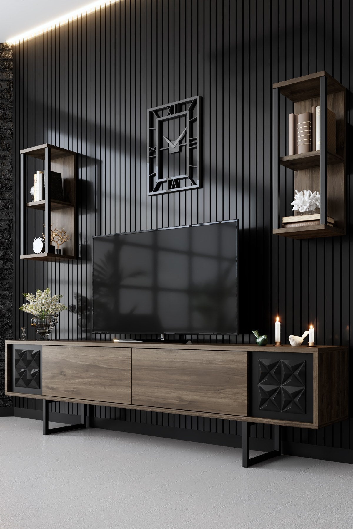 TV Furniture - TV Furniture Set Black Line Walnut Black Melamine 180x48x30 cm - Dimehouse