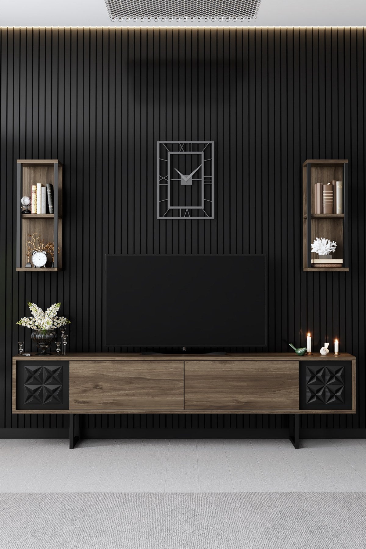 TV Furniture - TV Furniture Set Black Line Walnut Black Melamine 180x48x30 cm - Dimehouse