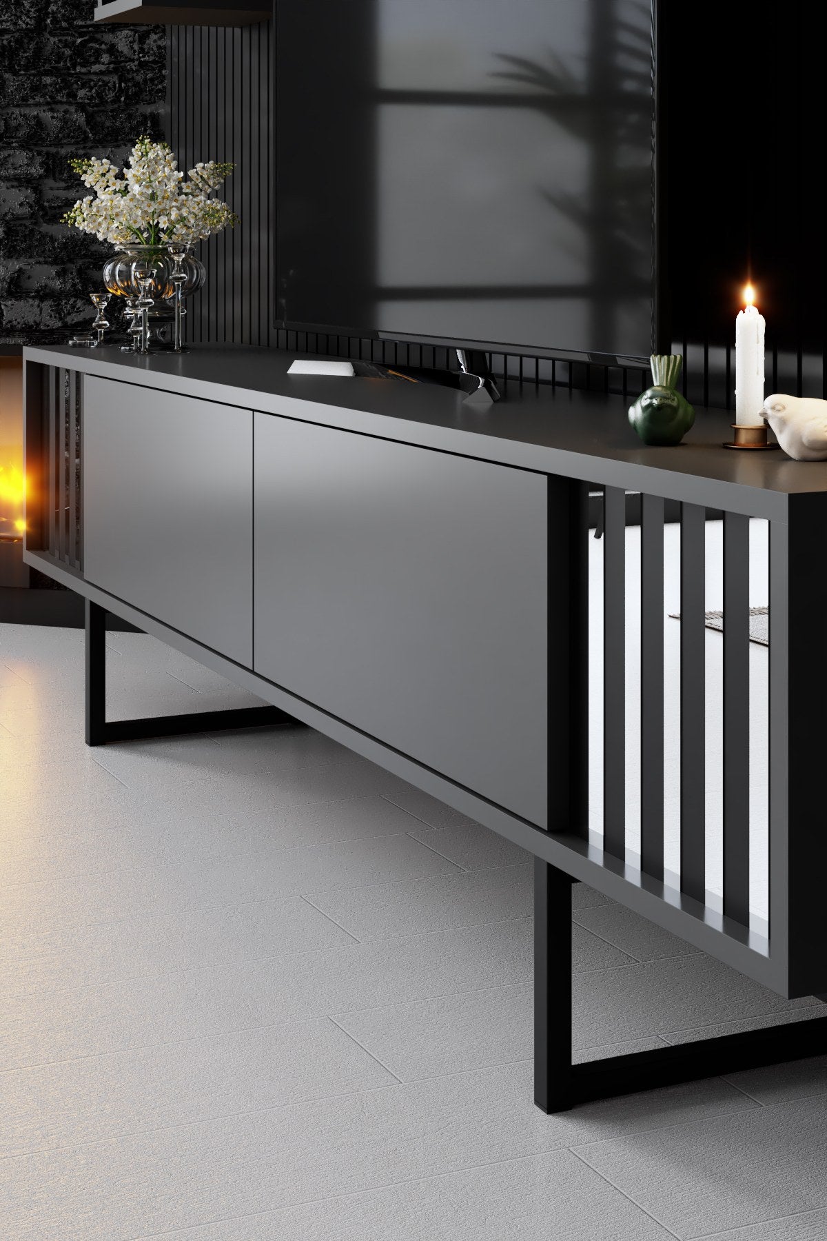 TV Furniture - TV Furniture Set Chrome Line Anthracite Black Melamine 180x48x30 cm - Dimehouse