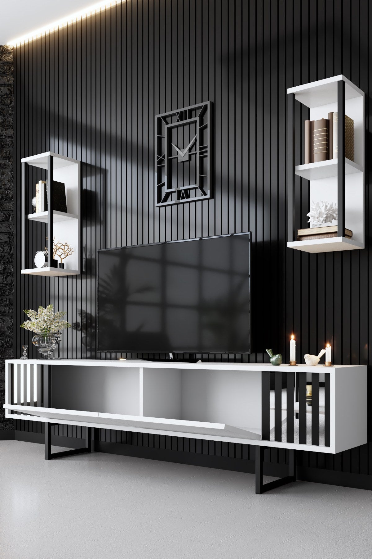 TV Furniture - TV Furniture Set Chrome Line White Black Melamine 180x48x30 cm - Dimehouse