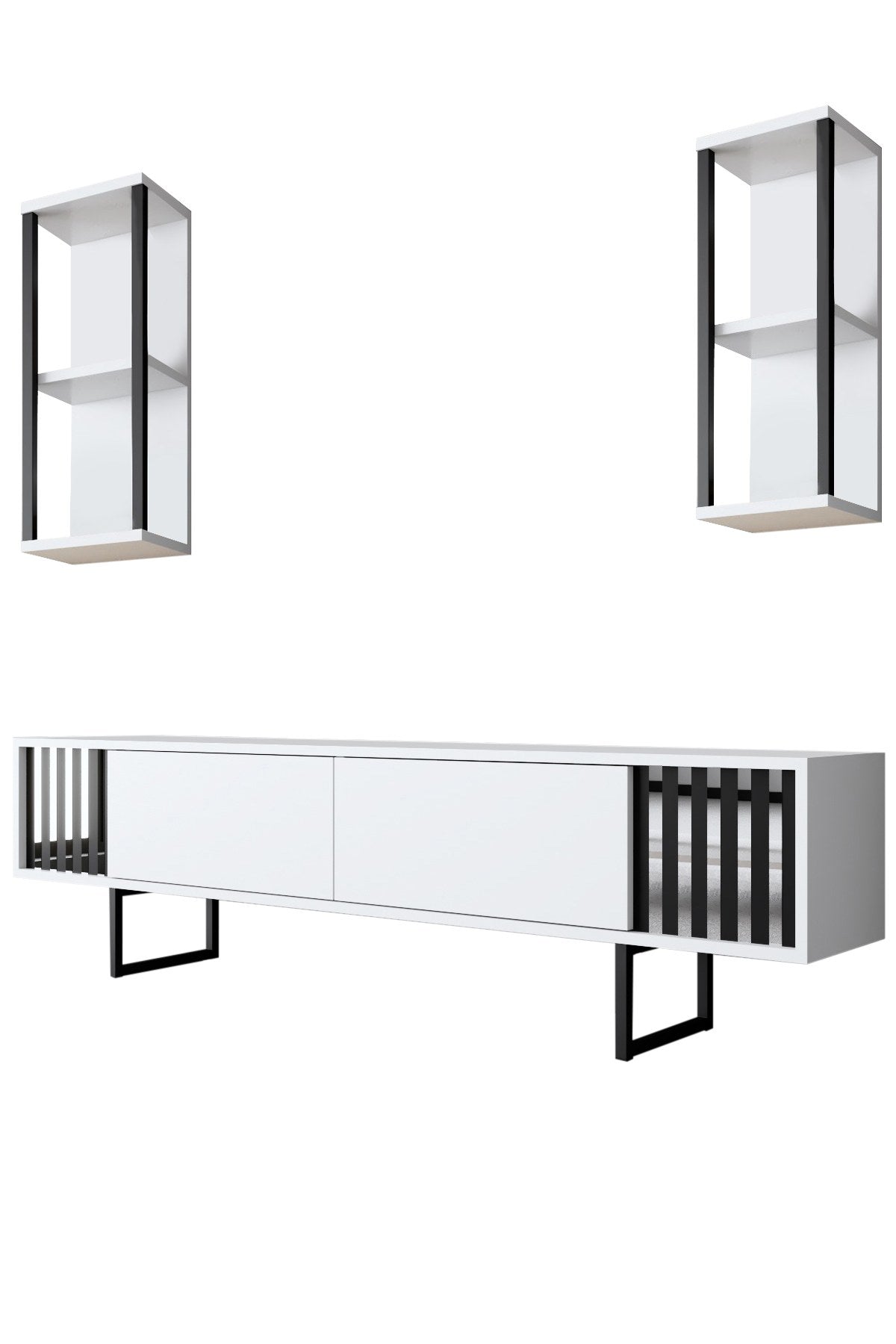 TV Furniture - TV Furniture Set Chrome Line White Black Melamine 180x48x30 cm - Dimehouse