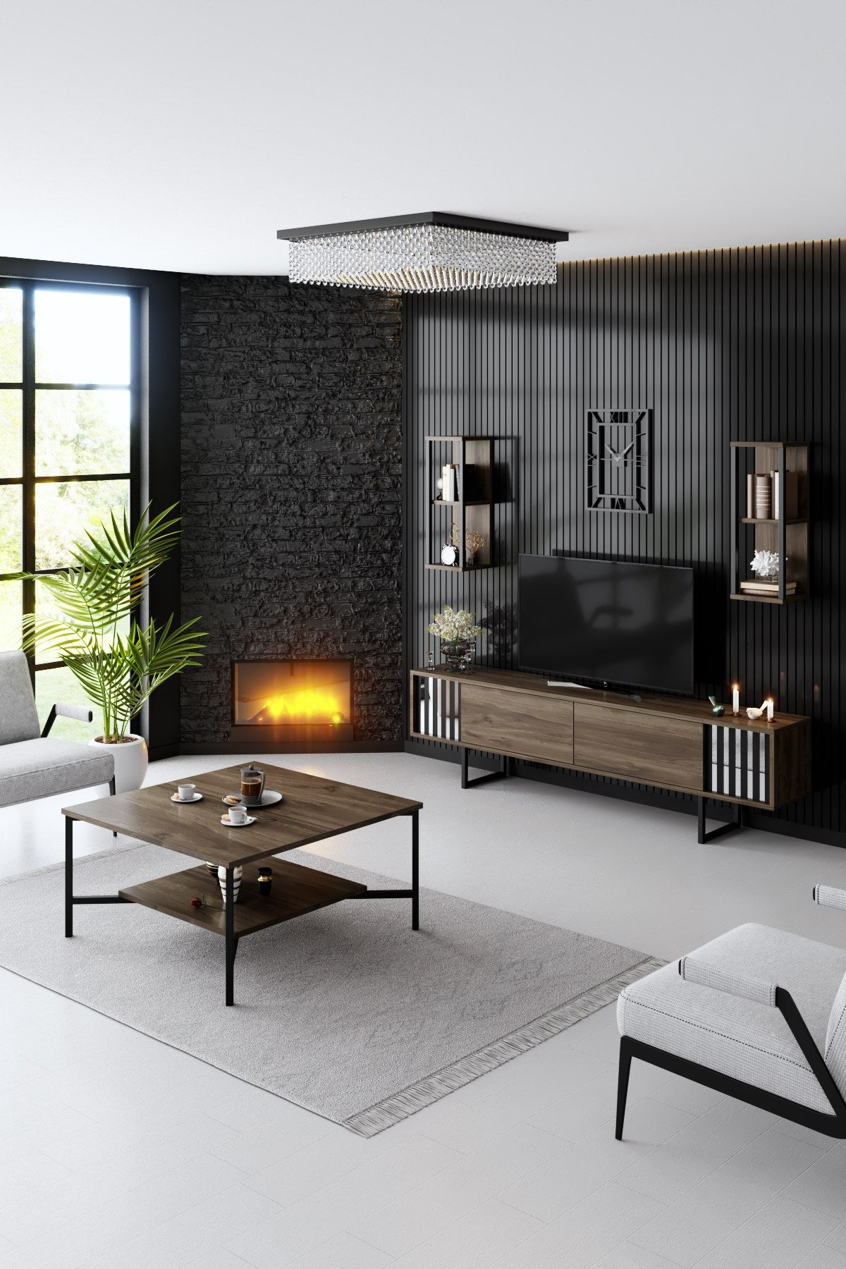 TV Furniture - TV Furniture Set Chrome Line Walnut Black Melamine 180x48x30 cm - Dimehouse