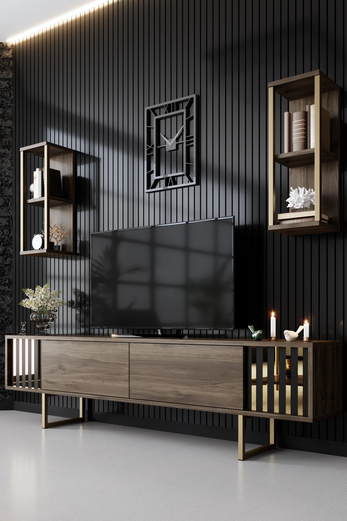 TV Furniture - TV Furniture Set Gold Line Walnut Black Melamine 180x48x30 cm - Dimehouse