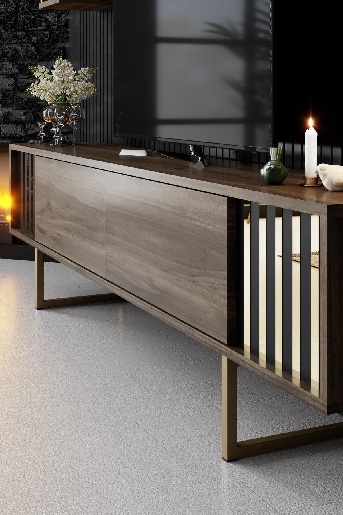 TV Furniture - TV Furniture Set Gold Line Walnut Black Melamine 180x48x30 cm - Dimehouse