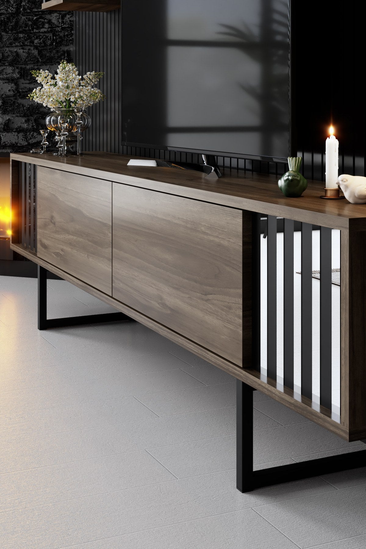 Furniture sets - Furniture set Walnut - Black - Chrome Line - Coffee table + TV Furniture - Dimehouse