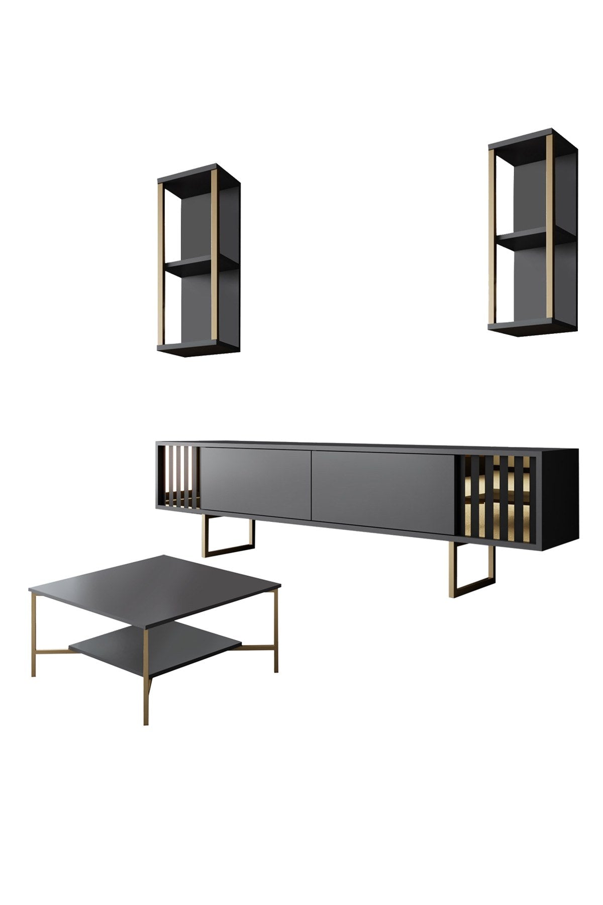 Furniture sets - Furniture set Anthracite - Gold - Gold Line - Coffee table + TV Furniture - Dimehouse